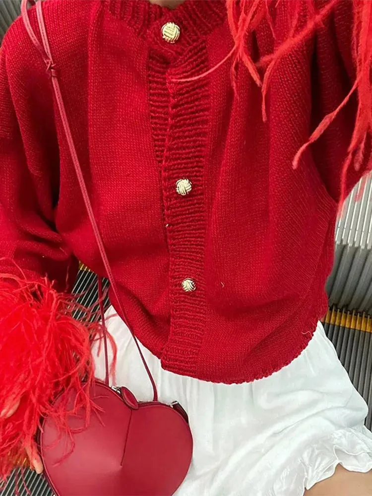 1pc Red Patchwork Feather Long Sleeve Knitted Cardigan Women Fashion O Neck Slim Thick Warm Sweater Female Commute Elegant Jumpers