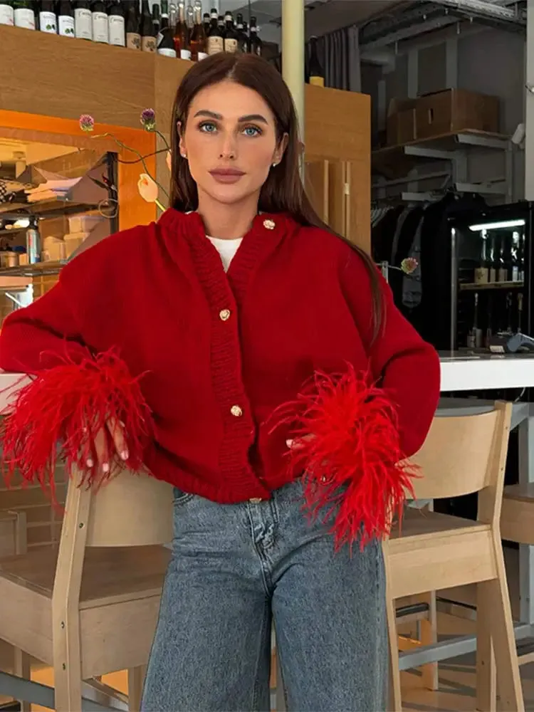 1pc Red Patchwork Feather Long Sleeve Knitted Cardigan Women Fashion O Neck Slim Thick Warm Sweater Female Commute Elegant Jumpers