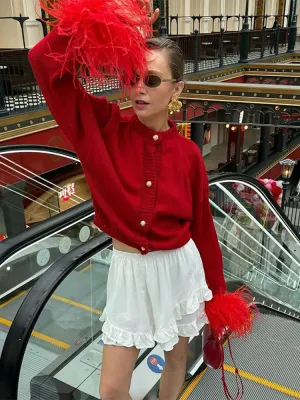 1pc Red Patchwork Feather Long Sleeve Knitted Cardigan Women Fashion O Neck Slim Thick Warm Sweater Female Commute Elegant Jumpers