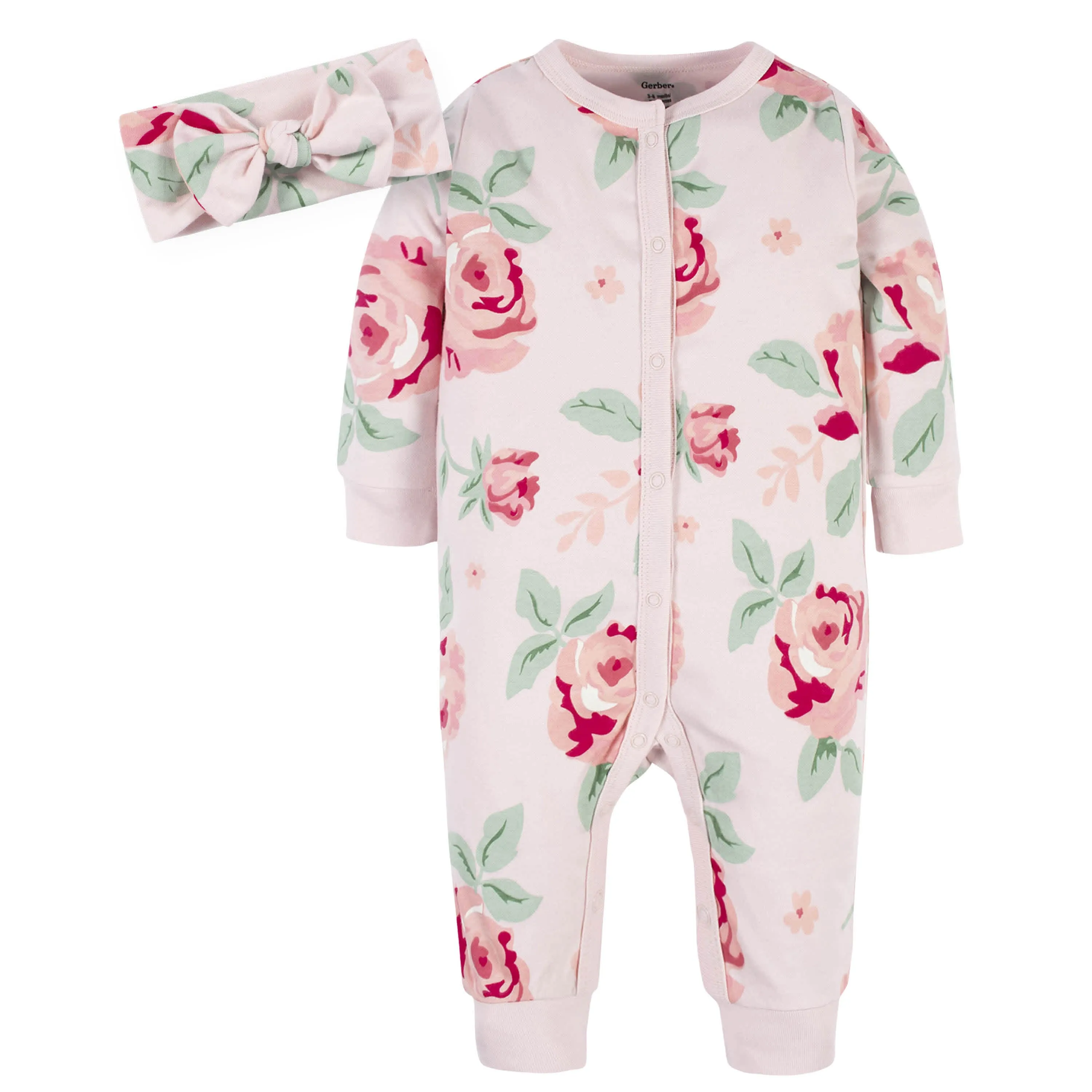 2-Piece Baby Girls Pink Garden Coverall & Headband Set