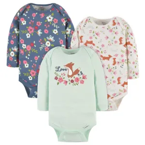 3-Pack Baby Girls Sweet Floral Fox Long Sleeve Onesies® Bodysuits