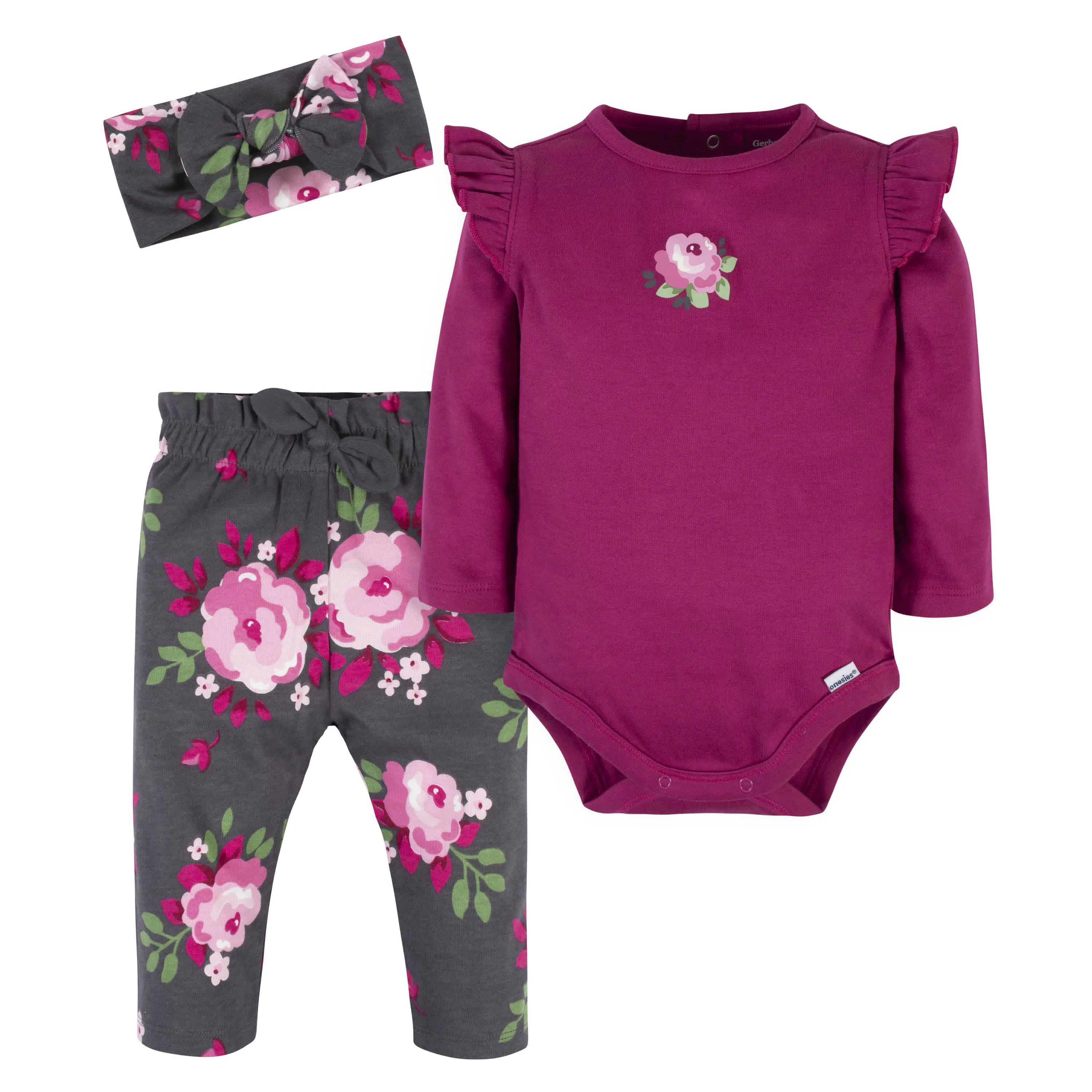 3-Piece Baby Girls Burgundy Garden Onesies® Bodysuit, Pants & Headband Set