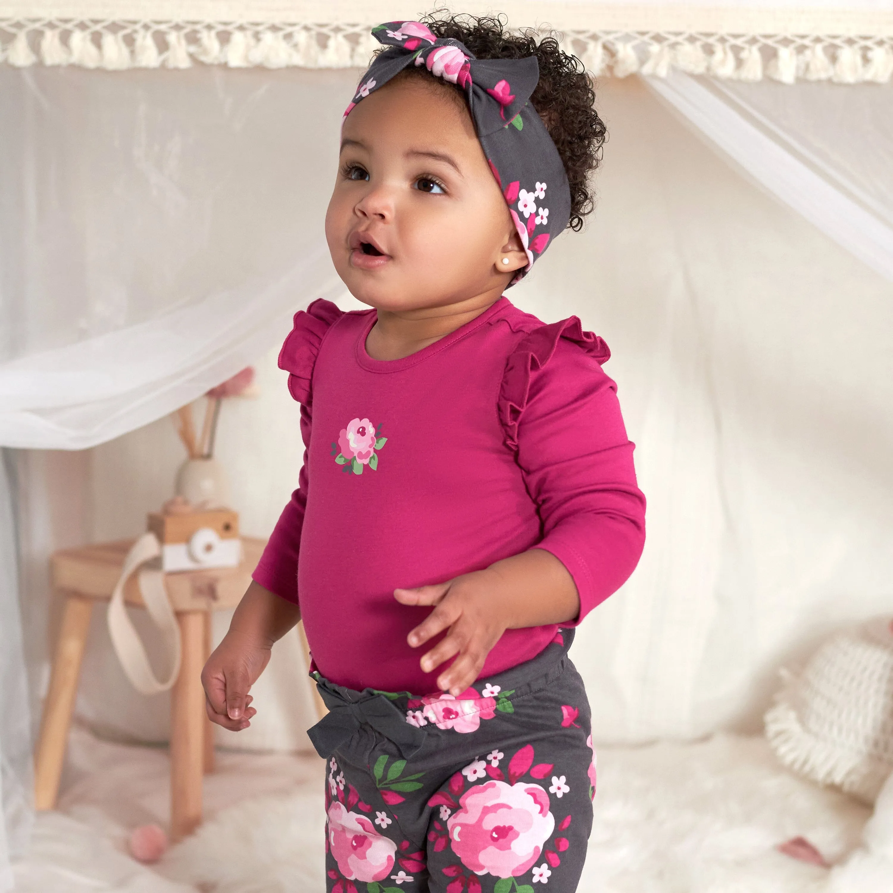 3-Piece Baby Girls Burgundy Garden Onesies® Bodysuit, Pants & Headband Set