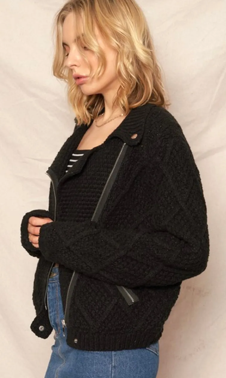 Ablen Black Cableknit Moto Biker Sweater Jacket