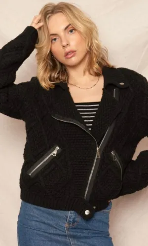 Ablen Black Cableknit Moto Biker Sweater Jacket