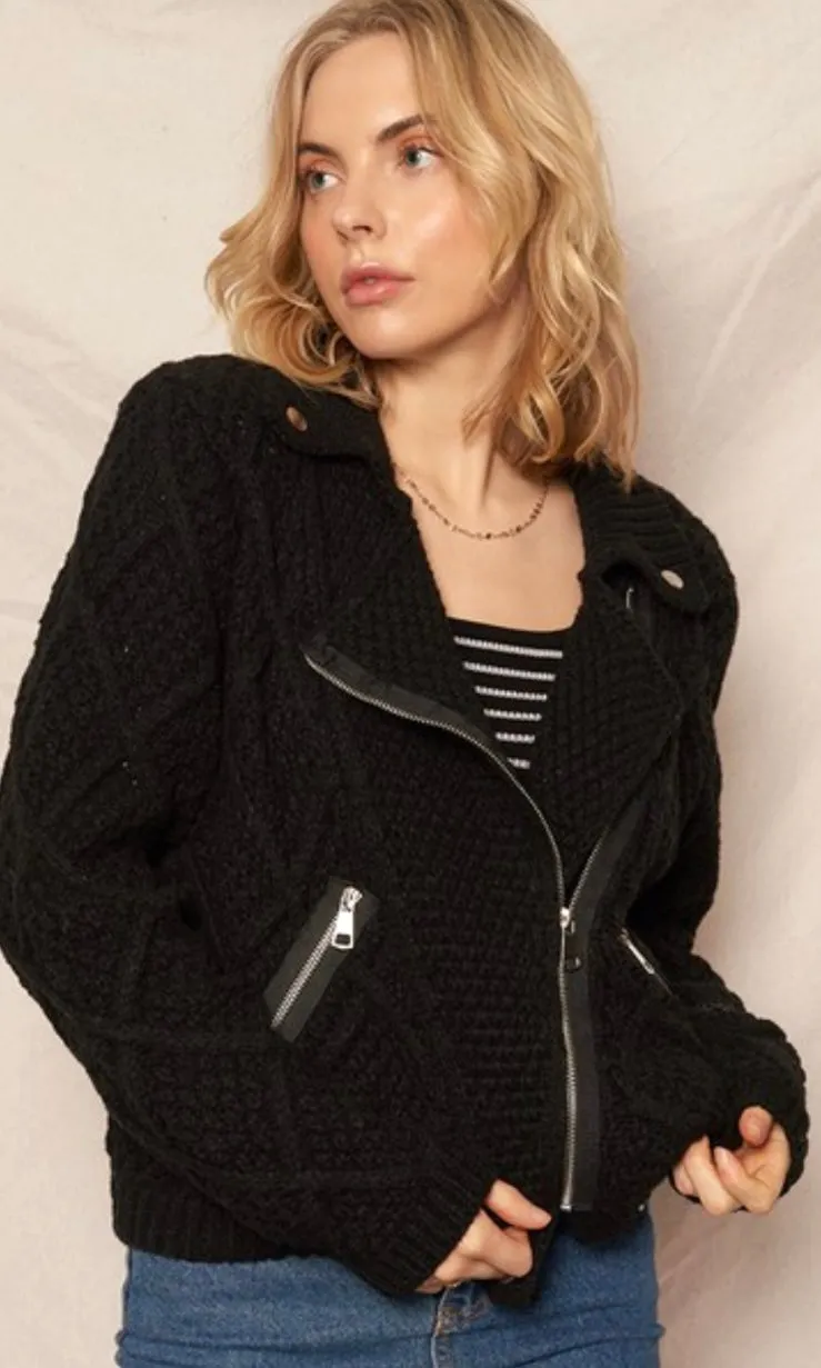 Ablen Black Cableknit Moto Biker Sweater Jacket