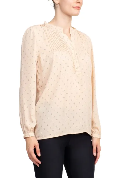 Adrianna Papell Crew Neck Long Sleeves Button Detail Woven Top