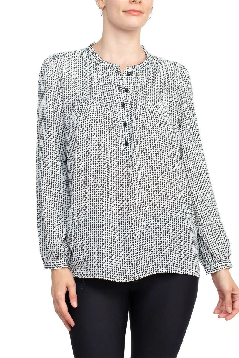 Adrianna Papell Crew Neck Long Sleeves Button Detail Woven Top