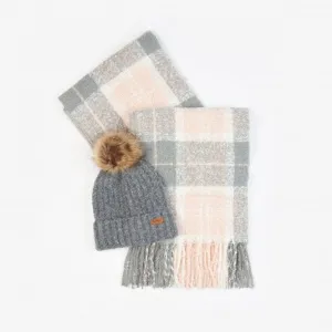 Barbour Saltburn Beanie And Tartan Scarf Set in Grey Rose