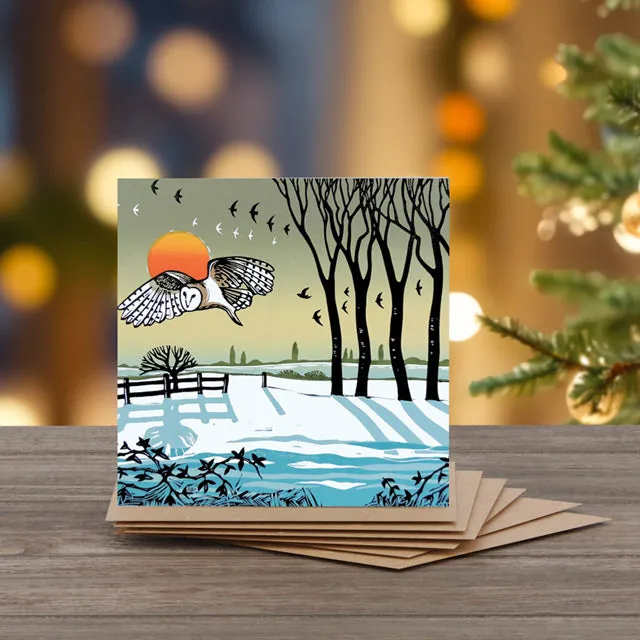 Barn Owl In Winter - Set of 6 Christmas Note Cards with Message