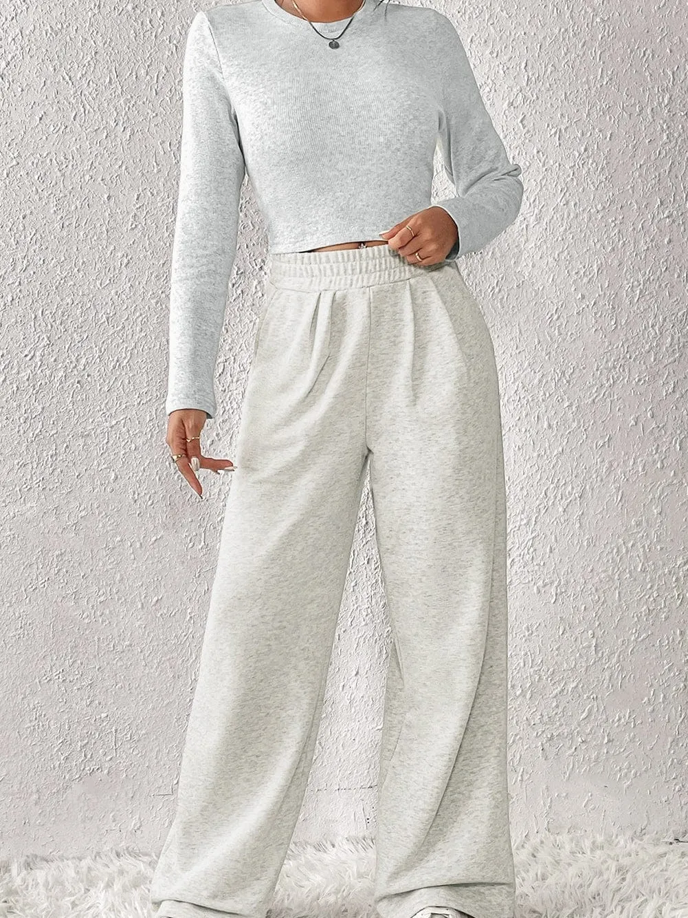 Beige Two-Piece Casual Outfit with Wide Leg Pants