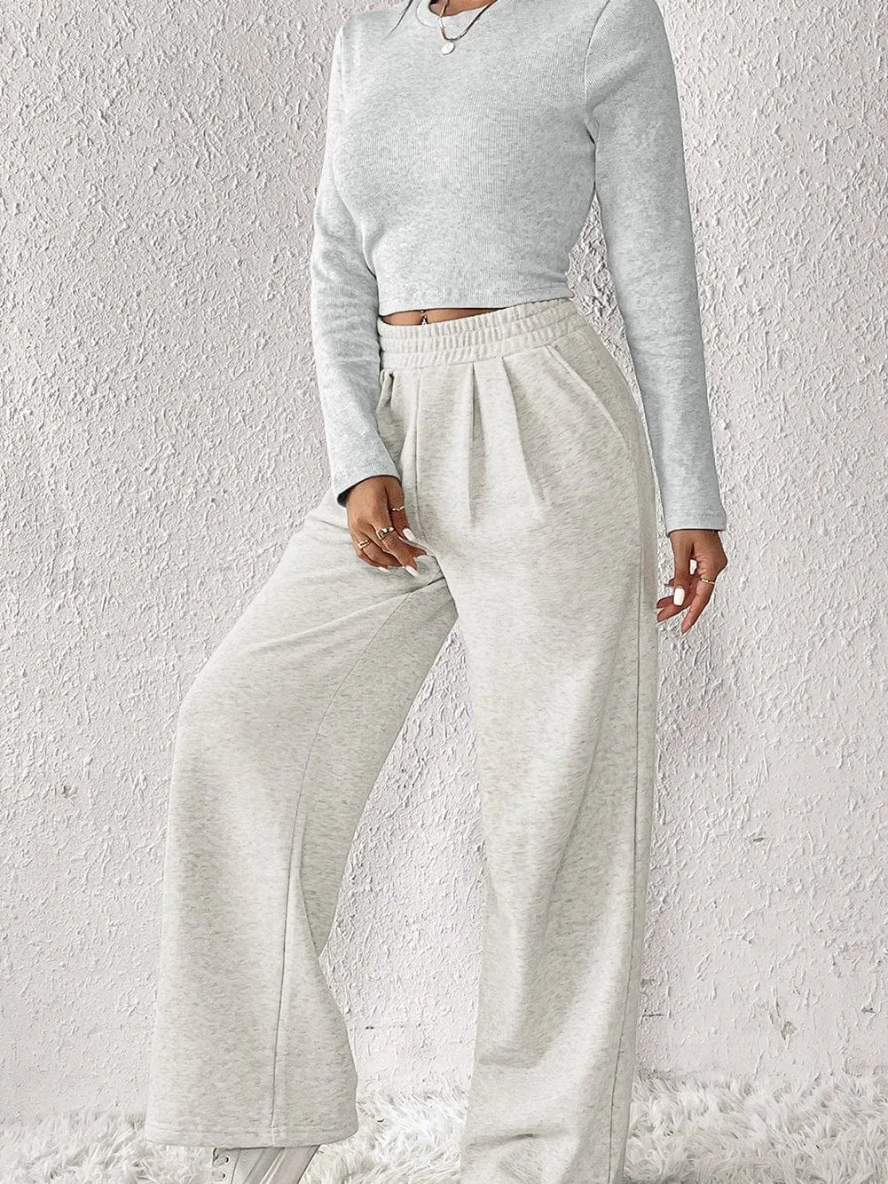 Beige Two-Piece Casual Outfit with Wide Leg Pants