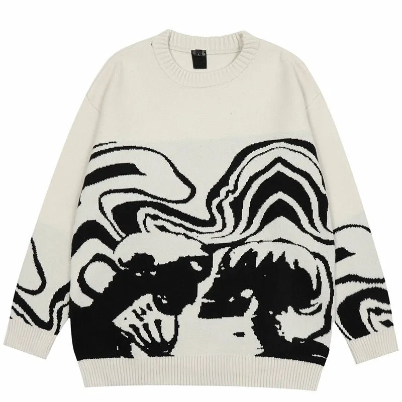 Black-and-White Knitted Streetwear Sweater