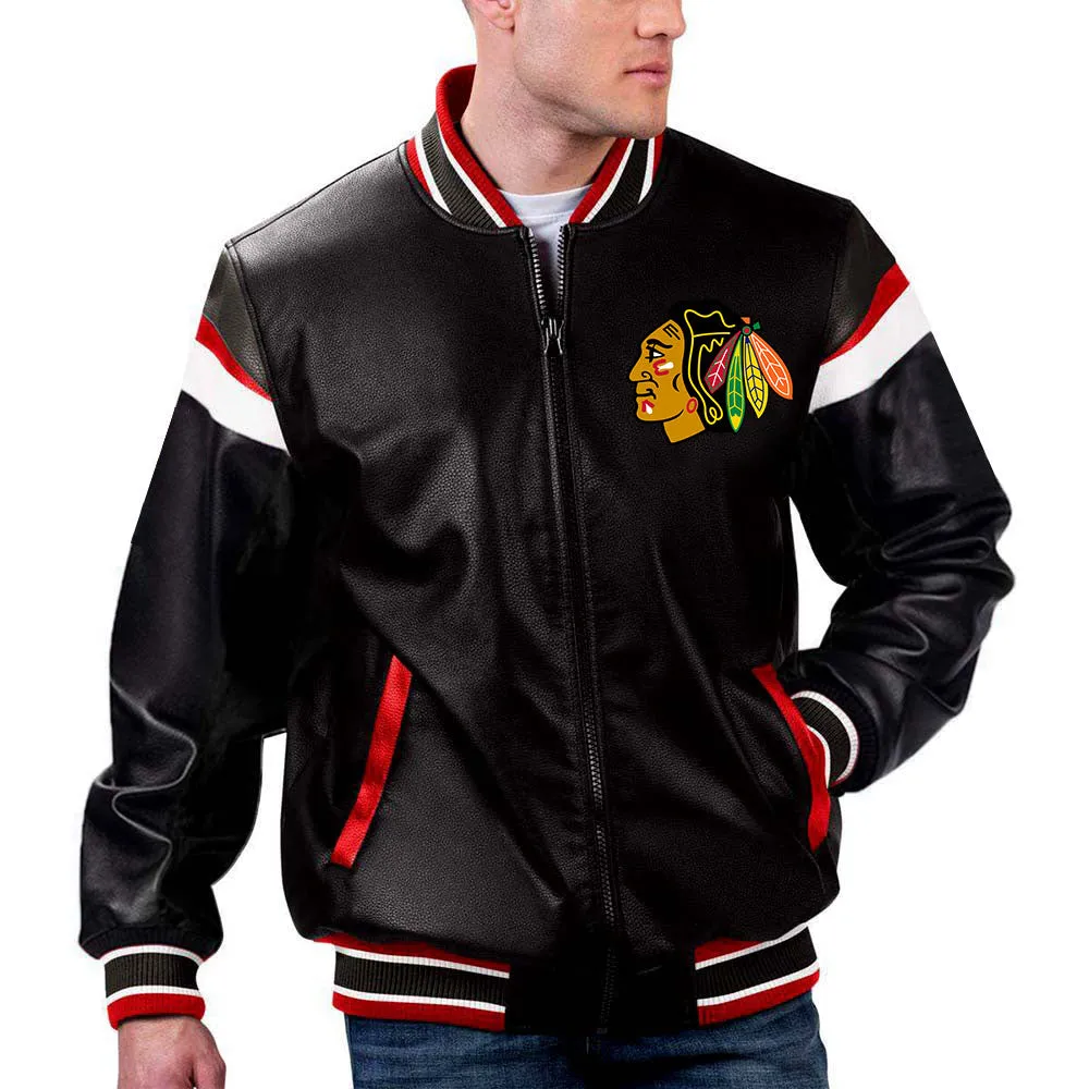 Black Leather Jacket Representing Chicago Blackhawks in the NHL by TJS