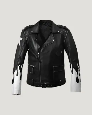 Black Leather Jacket with White Flames