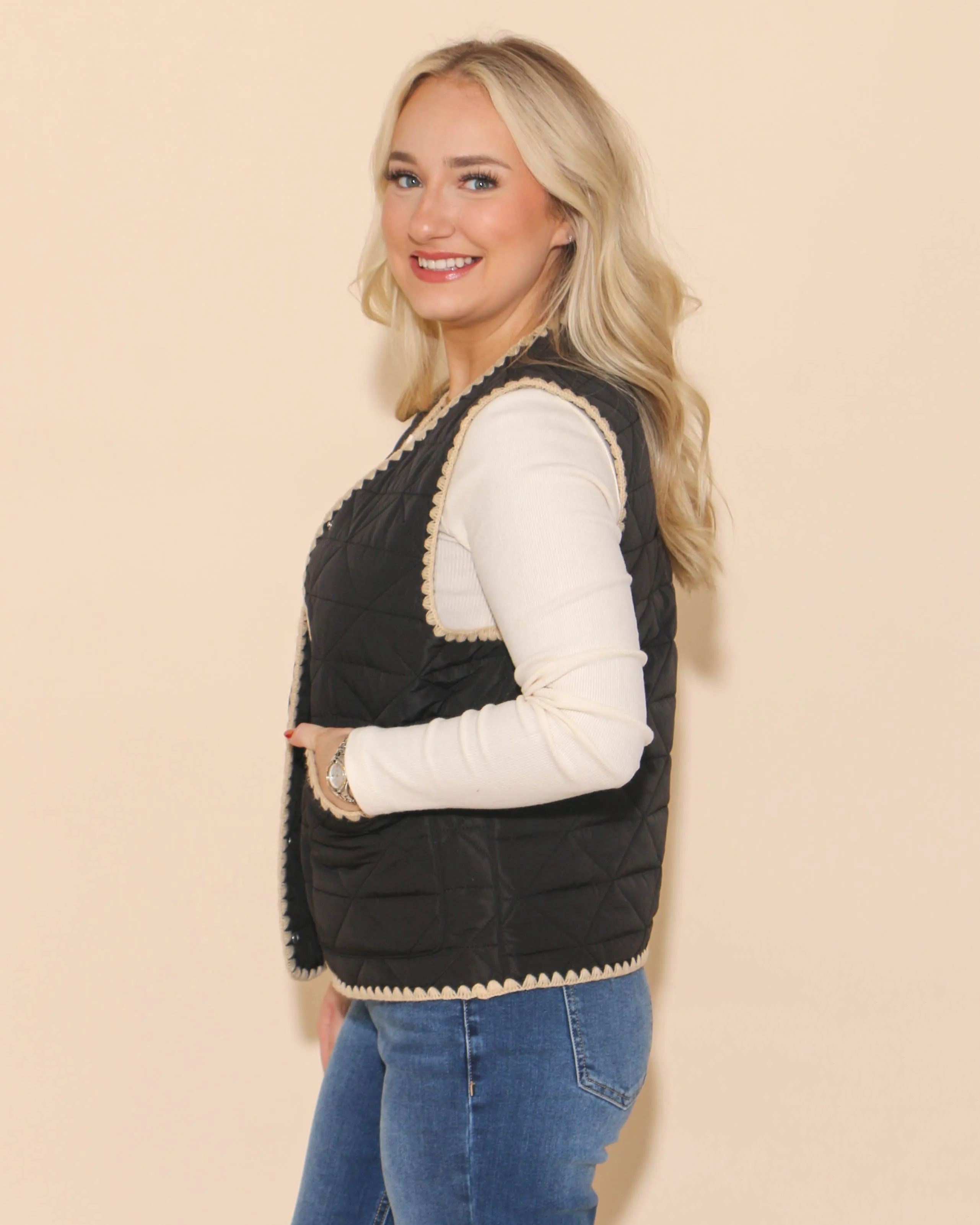 Black Pocket Vest with Trim