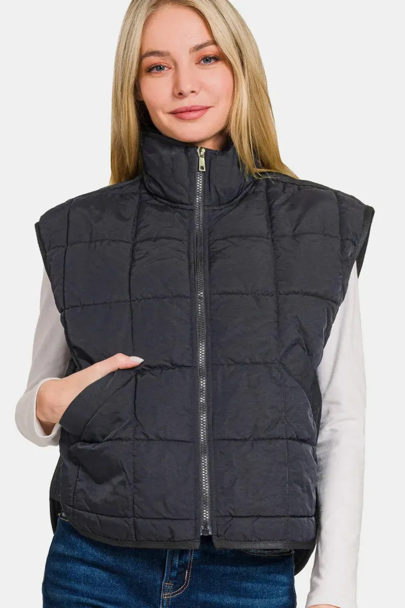 Black Zip Up Cropped Puffer Vest with Pockets