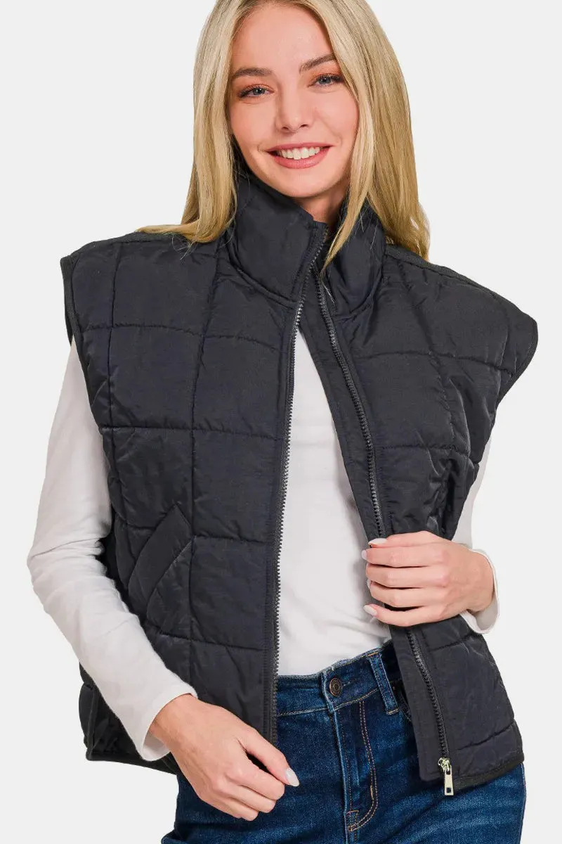 Black Zip Up Cropped Puffer Vest with Pockets