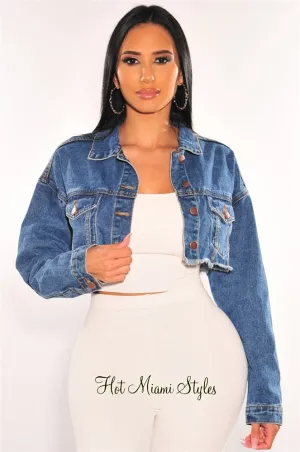 Blue Denim Long Sleeve Destroyed Back Cropped Jacket