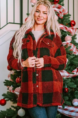 Brown Fuzzy Plaid Flap Button Up Midi Coat