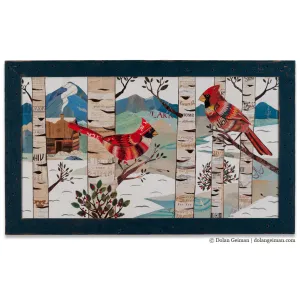 CARDINALS IN WINTER FOREST original paper collage