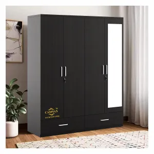 CASPIAN Furniture 4 Door Wooden Wardrobe with 3 Drawers 8 Shelves and Clothes Home Storage Cabinet Shoerack (Coffee Black Size 75 x 60 x 19 inches) (Coffee Black with Mirror)