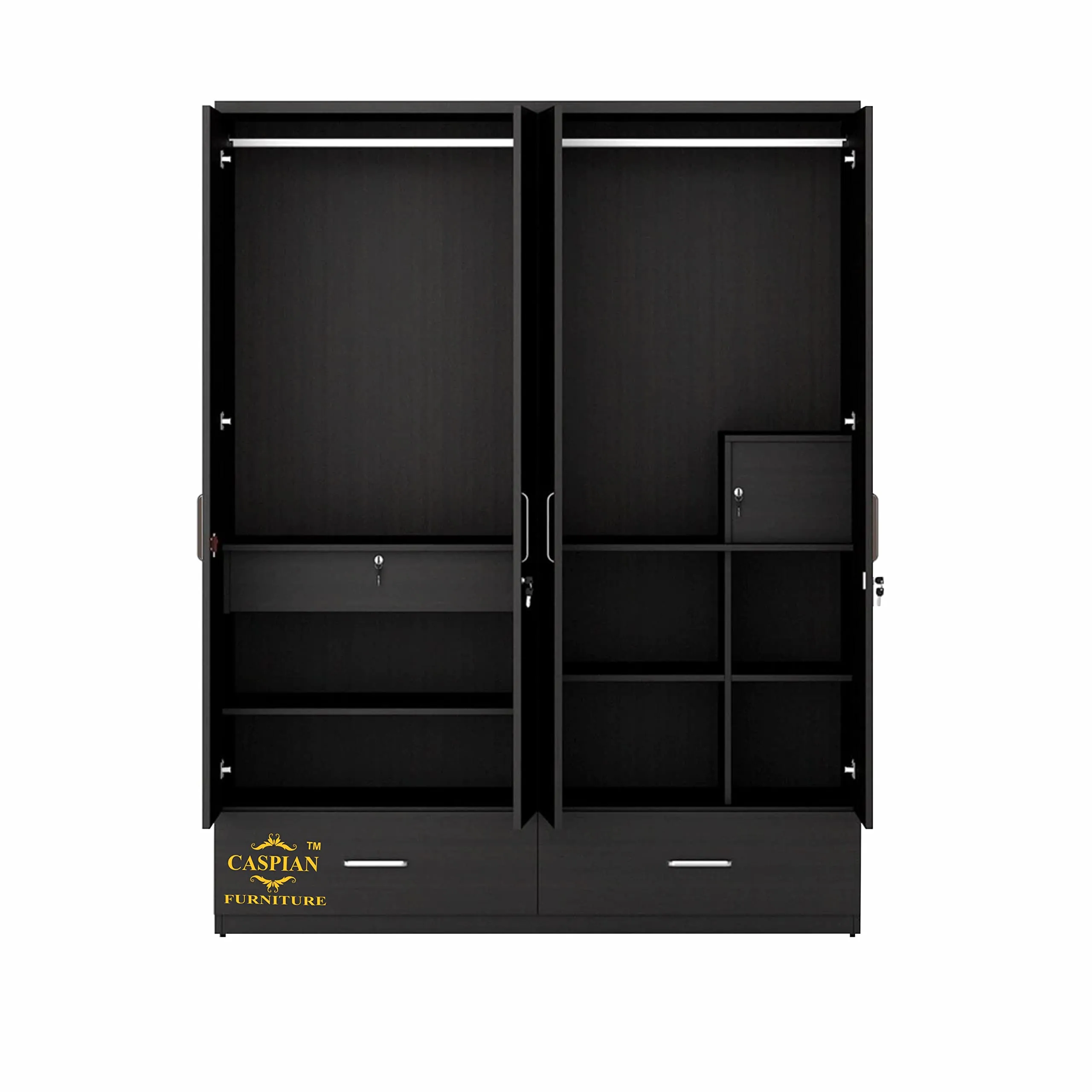 CASPIAN Furniture 4 Door Wooden Wardrobe with 3 Drawers 8 Shelves and Clothes Home Storage Cabinet Shoerack (Coffee Black Size 75 x 60 x 19 inches) (Coffee Black with Mirror)