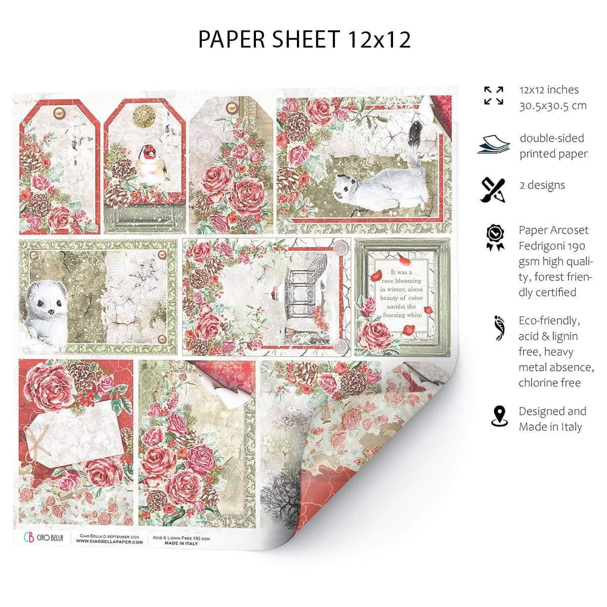 Ciao Bella Frozen Roses Frames & Tags Paper Sheet 12"x12" 1 Sheet