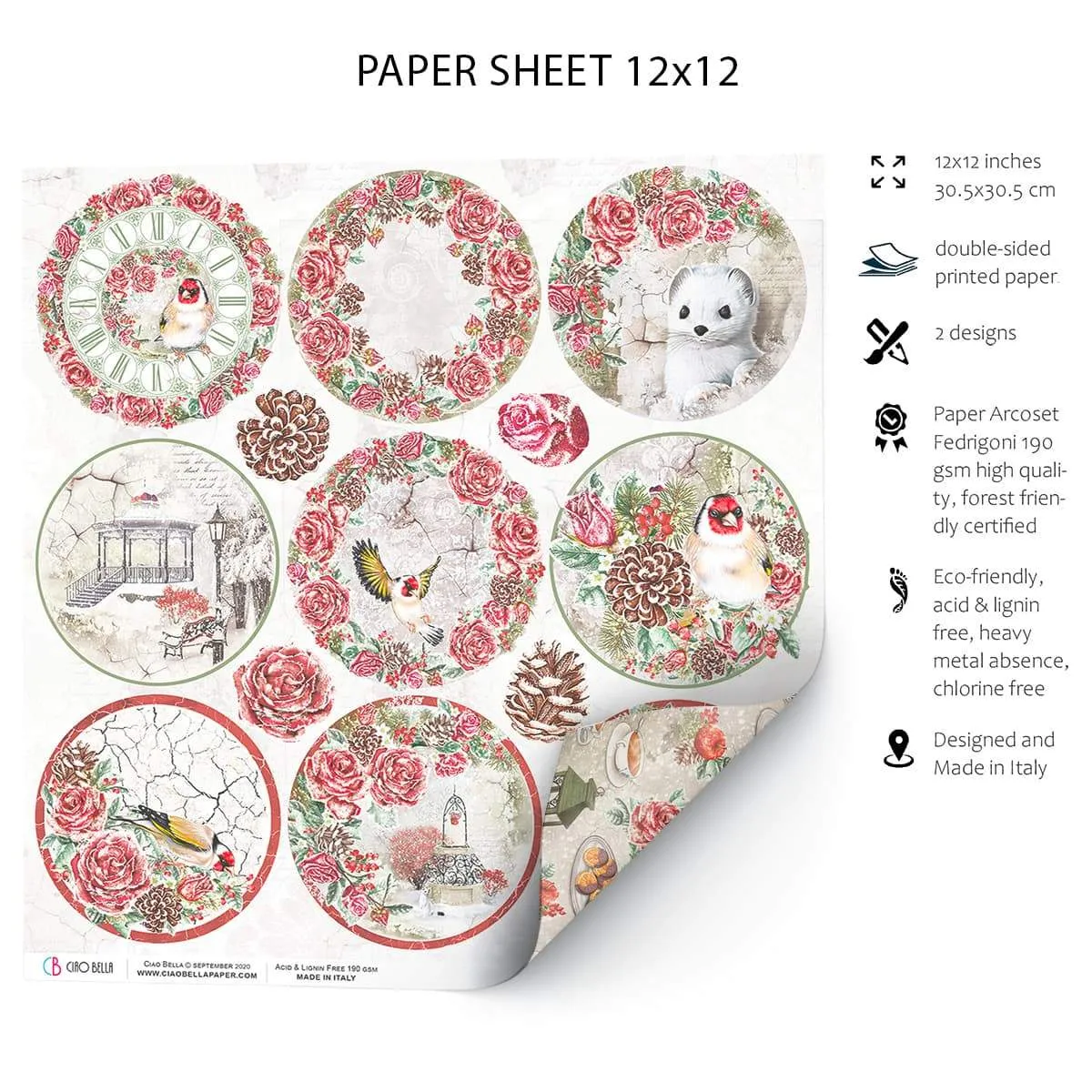 Ciao Bella Frozen Roses Medallions Paper Sheet 12"x12" 1 Sheet