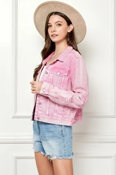 Classic Cropped Faded Pink Jean Denim Jacket Button Up Cotton Veveret