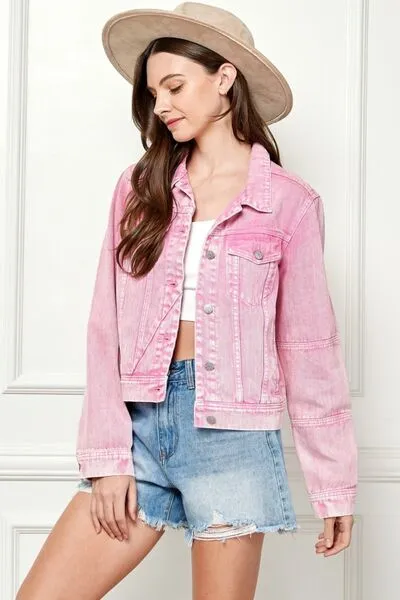 Classic Cropped Faded Pink Jean Denim Jacket Button Up Cotton Veveret