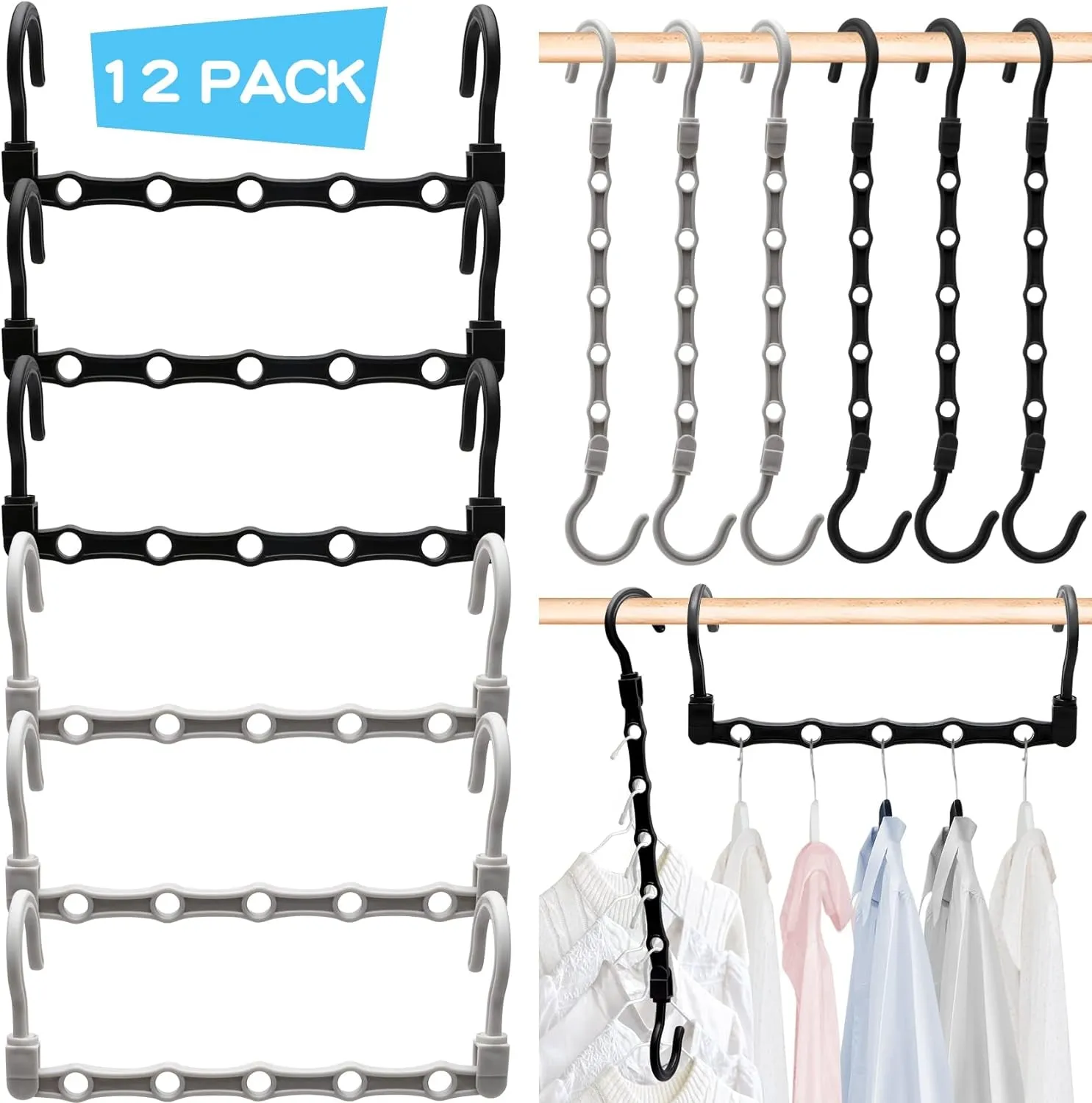 College Dorm Room Essentials Closet Organizer,12 Pack Stronger Closet Organizers and Storage Clothes Hanger with 5 Holes Closet Storage for Heavy Clothes,Magic Closet Organization Space Saving Hangers