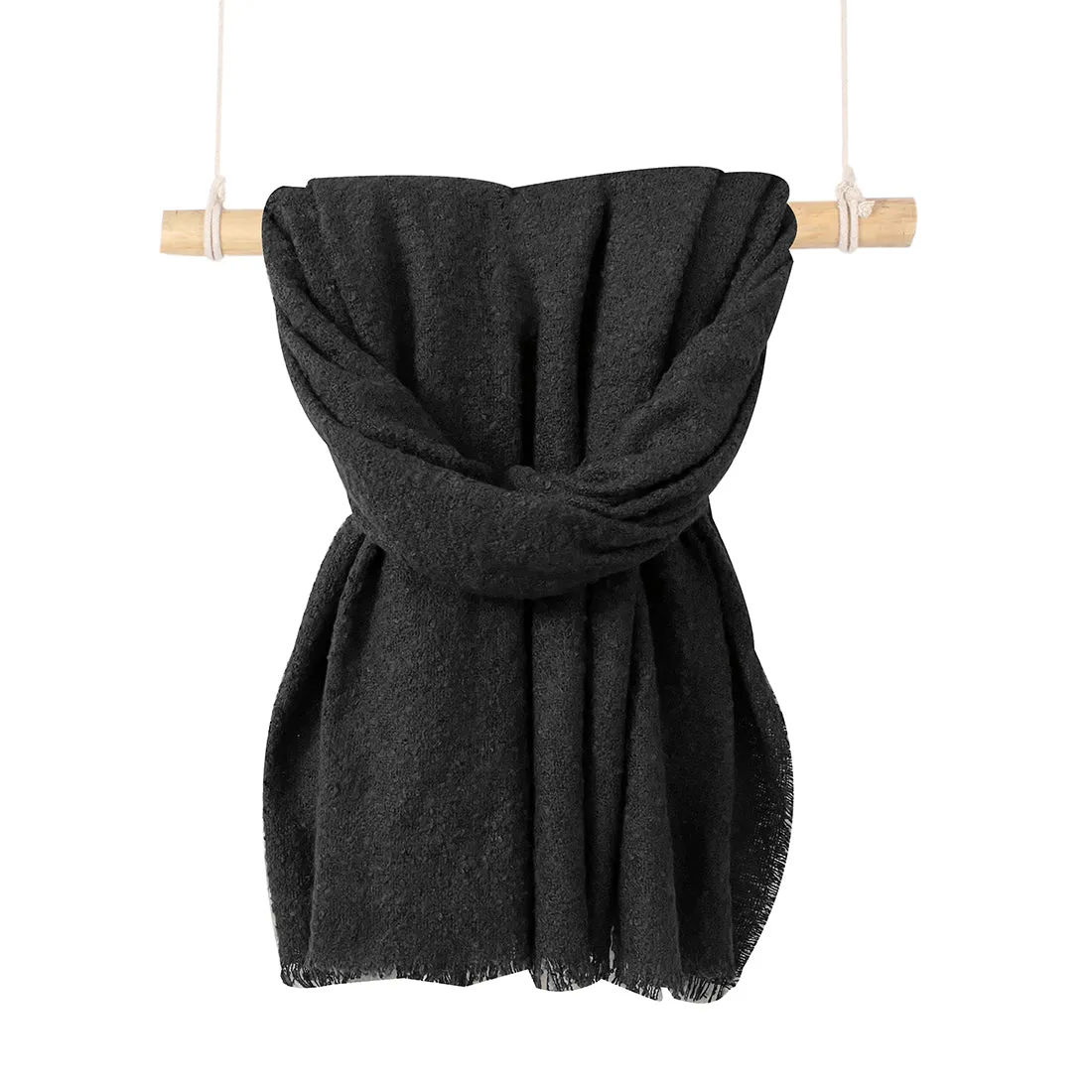 Contemporary Solid Black Thick Textured Woolen Winter Muffler Scarf