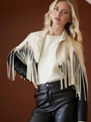 Cropped Fringe Jacket - Beige