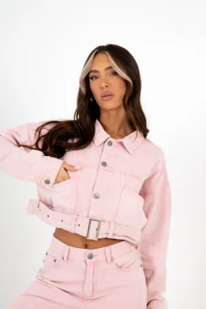 Cropped Pink Utility Belted Denim Jacket