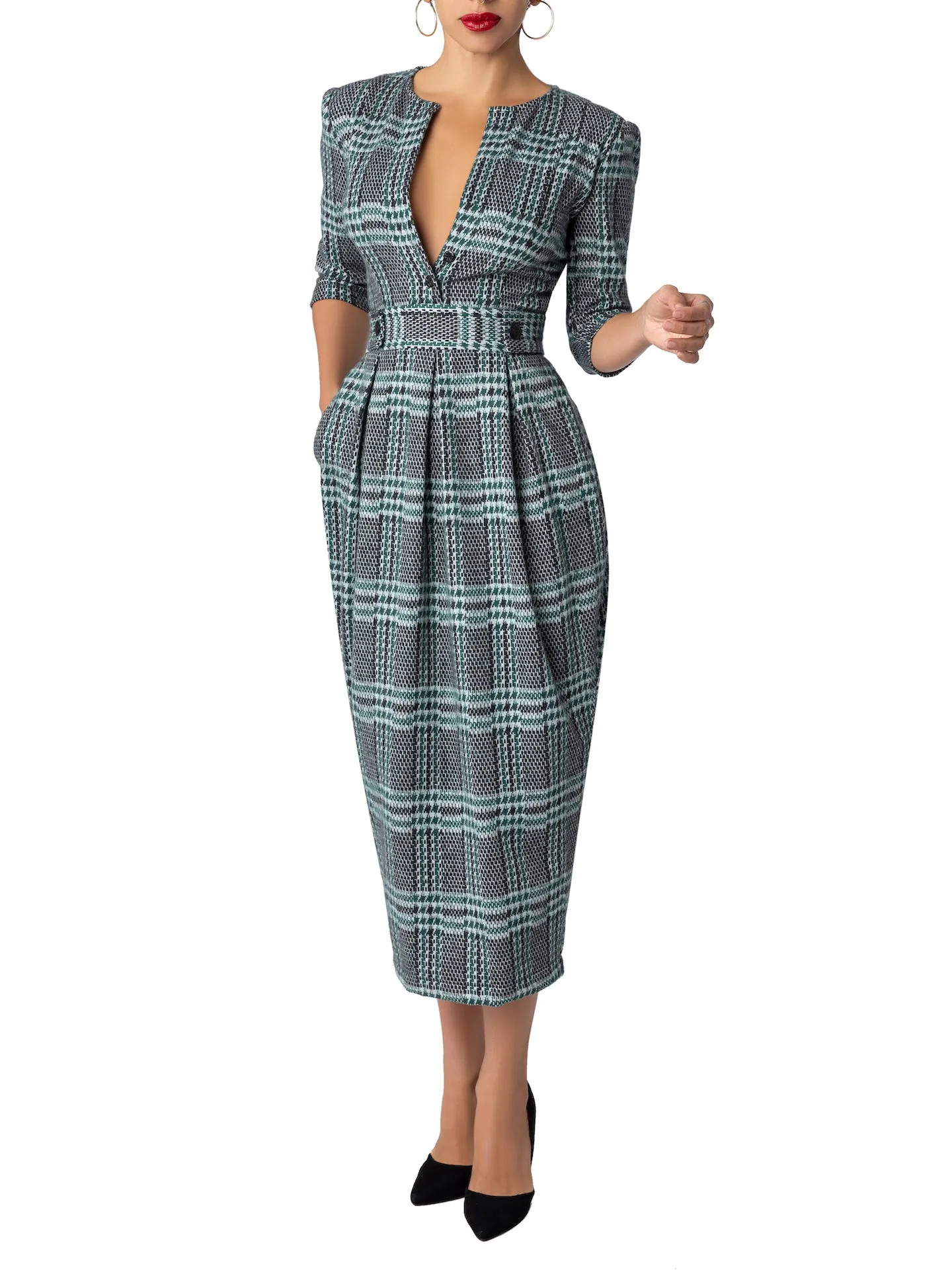 “Derby” Green Brushed Plaid Tulip Dress