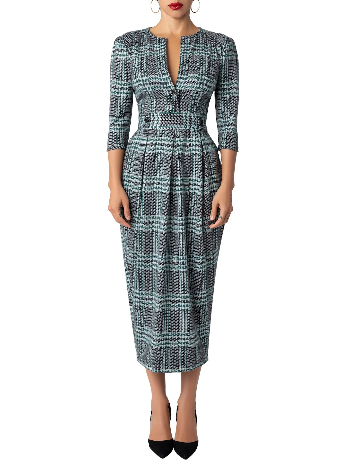 “Derby” Green Brushed Plaid Tulip Dress