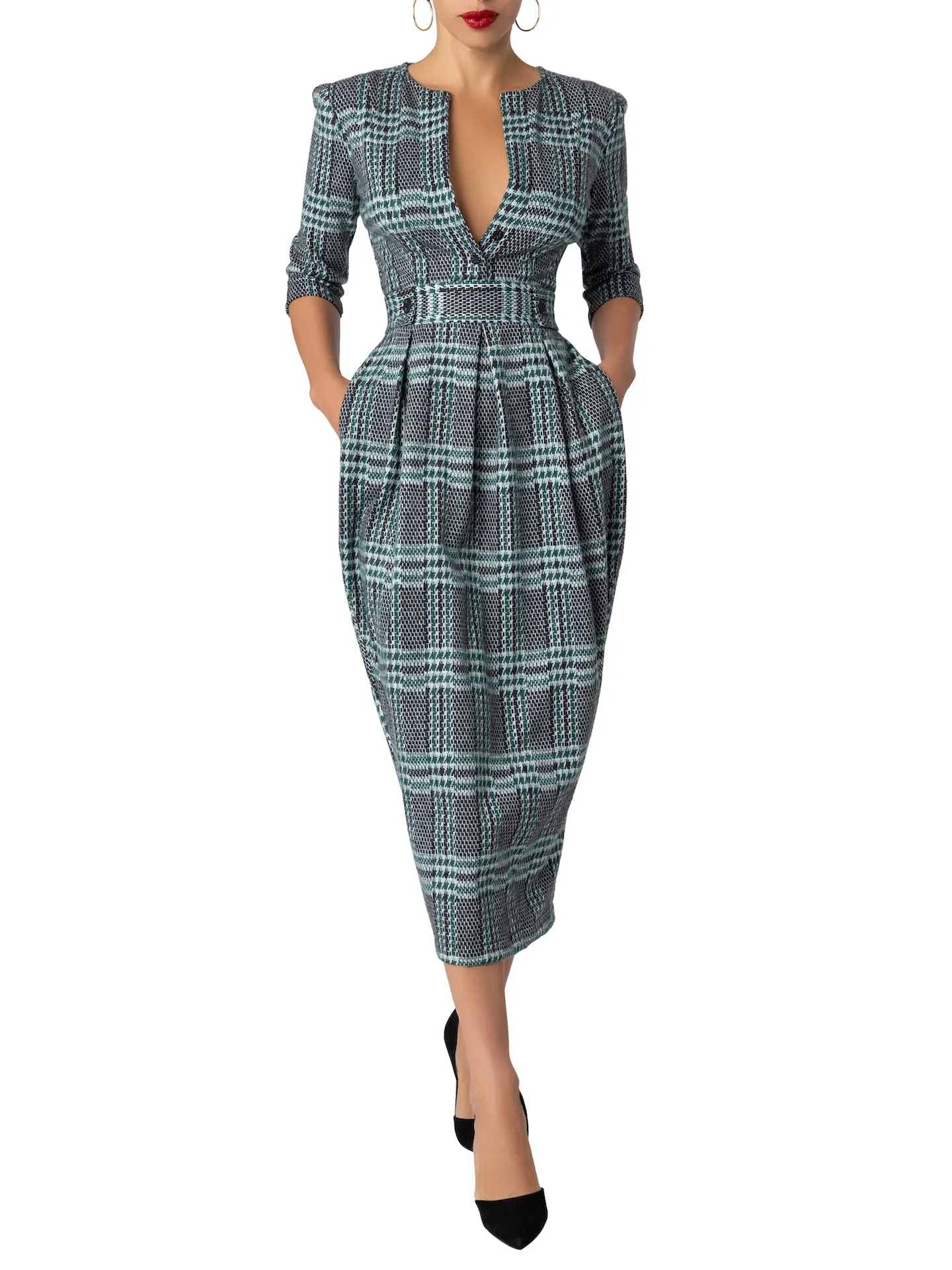 “Derby” Green Brushed Plaid Tulip Dress