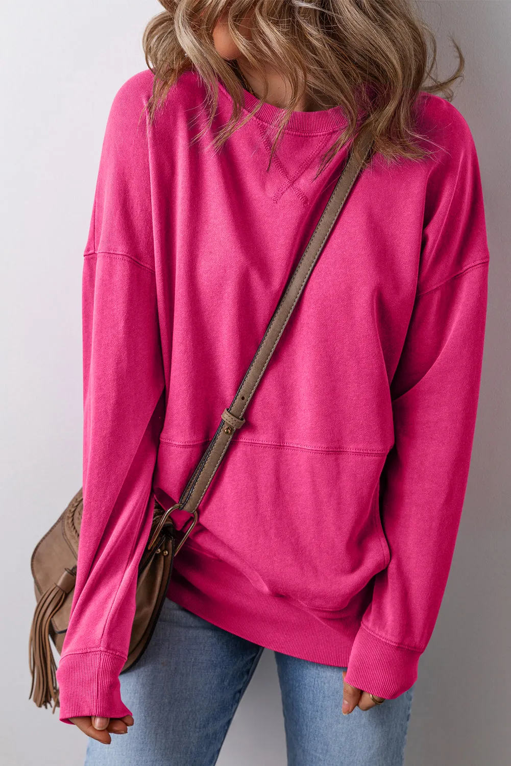 Drop Shoulder Crisscross Stitching Pocketed Loose Sweatshirt