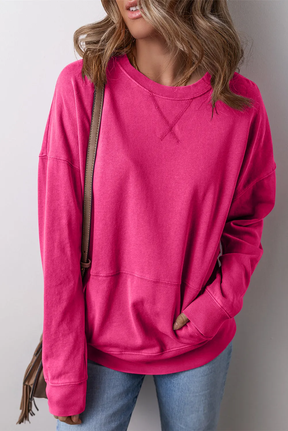 Drop Shoulder Crisscross Stitching Pocketed Loose Sweatshirt