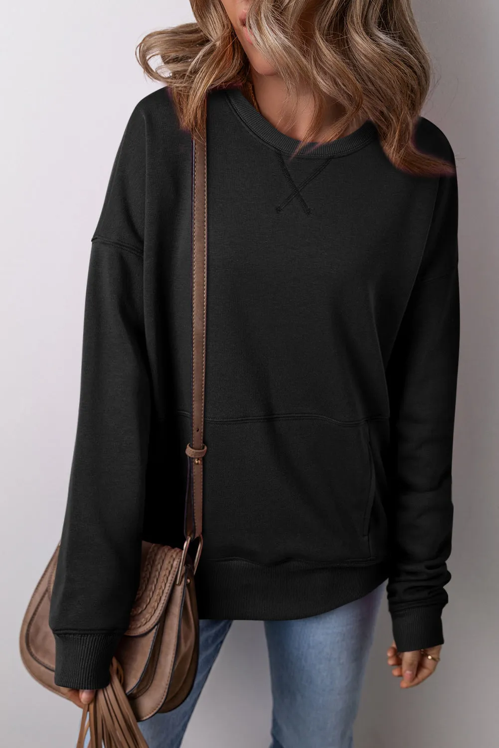 Drop Shoulder Crisscross Stitching Pocketed Loose Sweatshirt