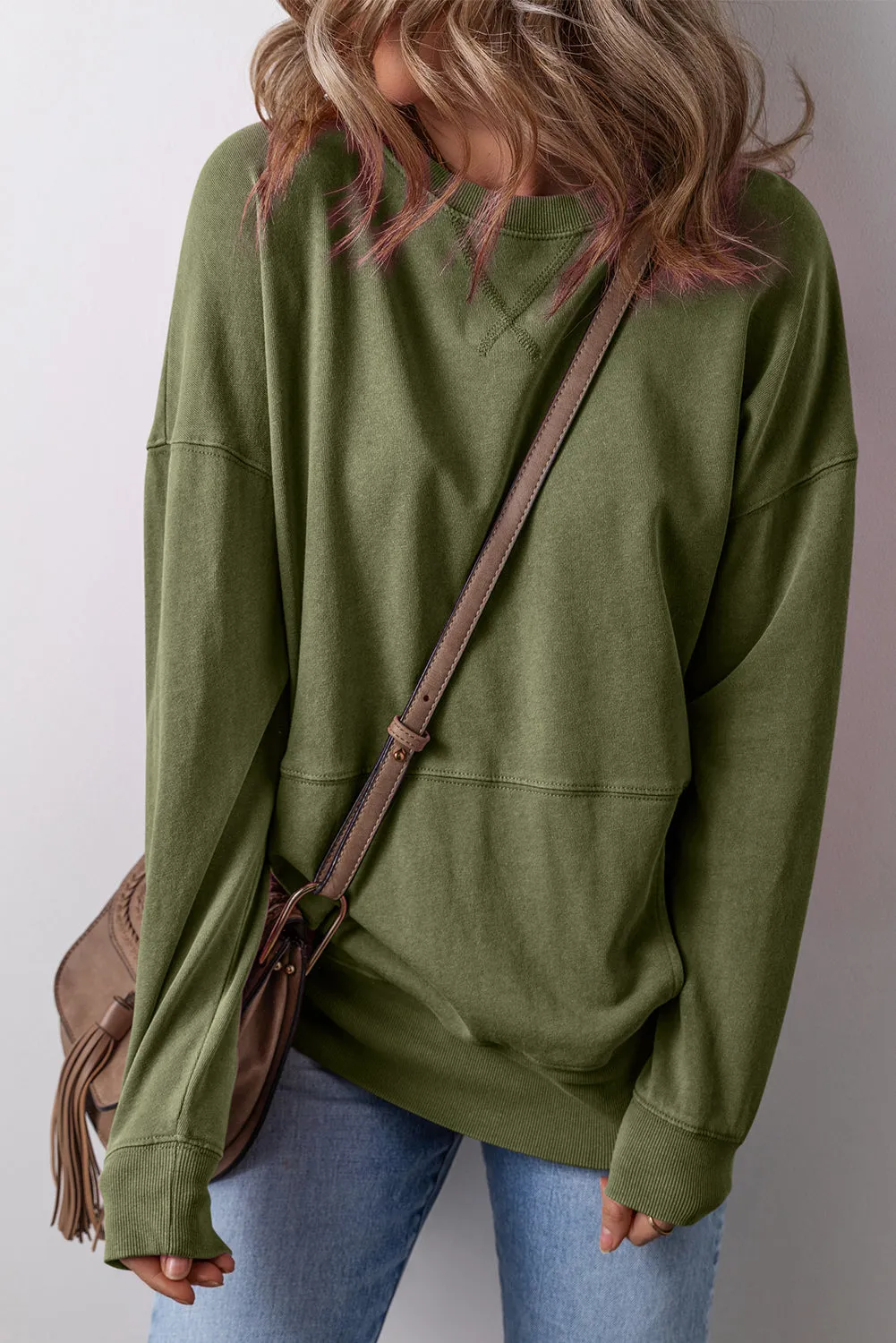 Drop Shoulder Crisscross Stitching Pocketed Loose Sweatshirt