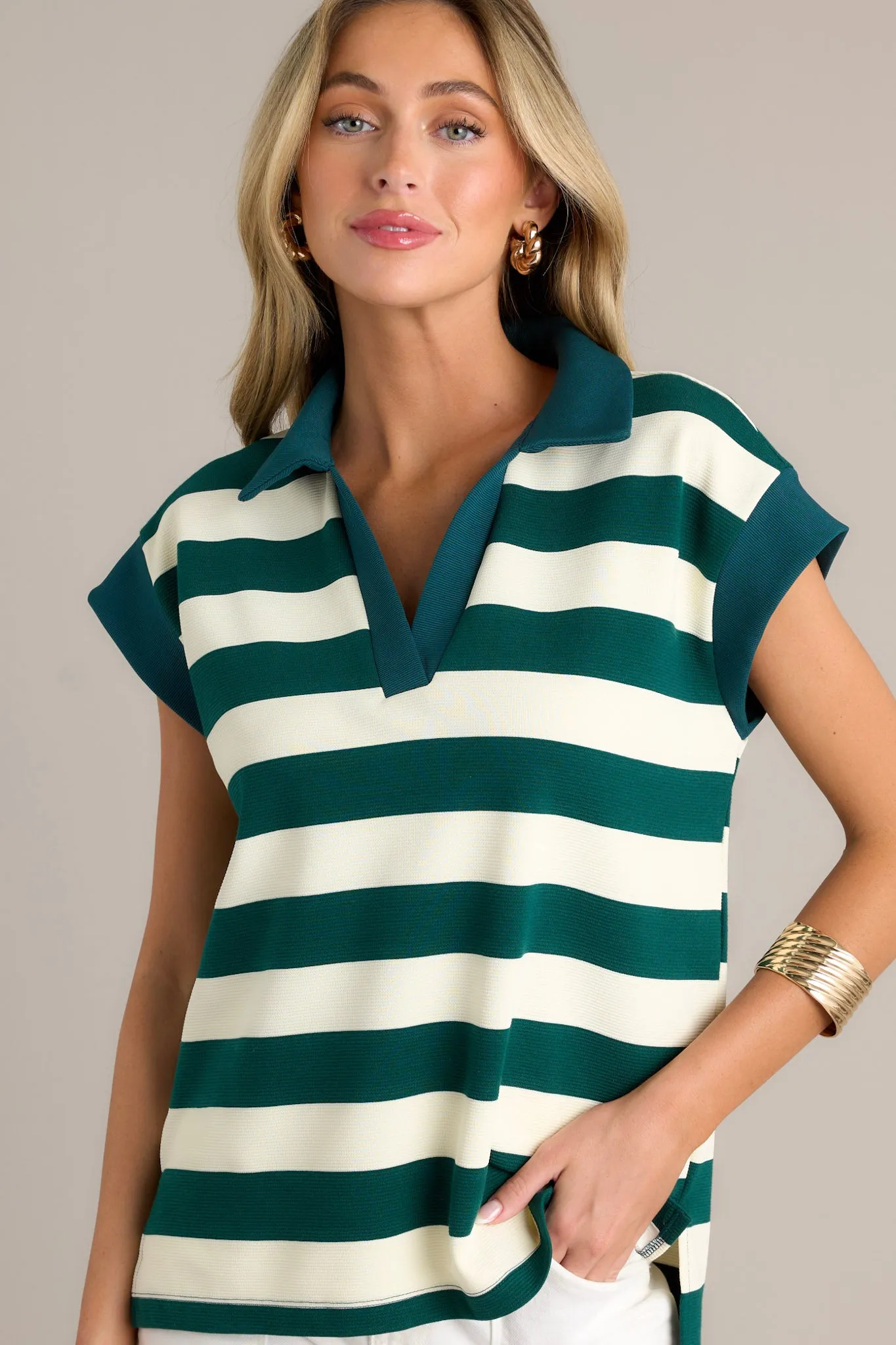 Earthy Elegance Forest Green Stripe Cap Sleeve Top