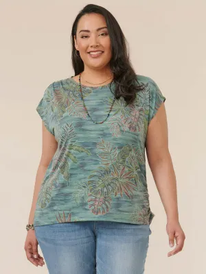 Extended Short Sleeve Scoop Neck Plus Palm Print Knit Top