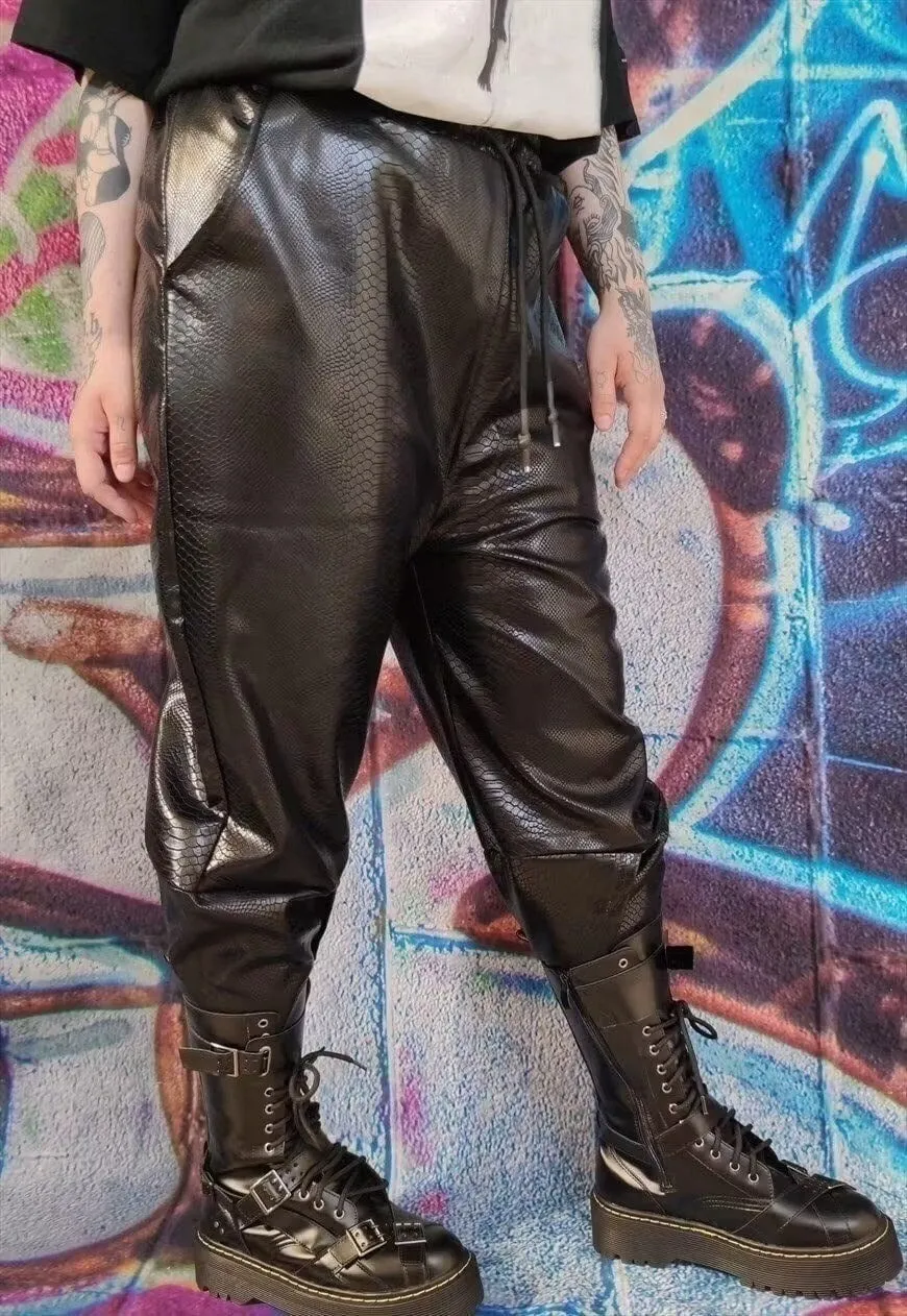 Faux leather joggers PU cropped snake overalls in black