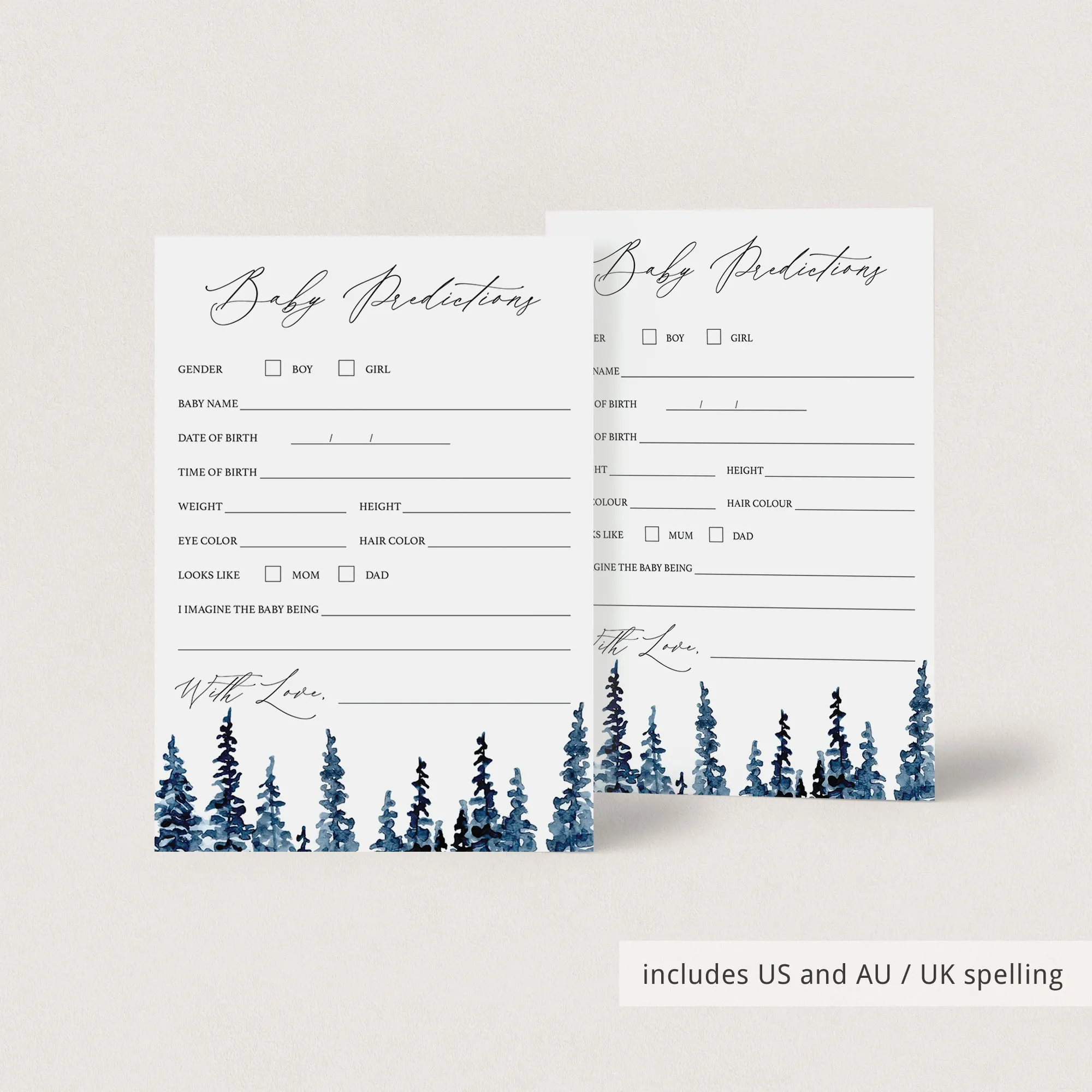 Forest Baby Shower Baby Prediction Cards Printable