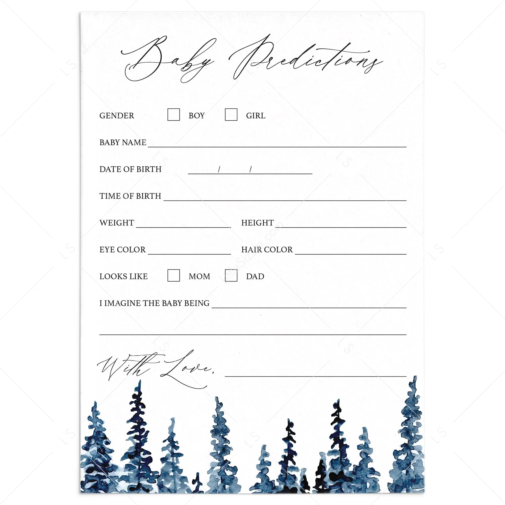 Forest Baby Shower Baby Prediction Cards Printable