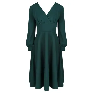 Forest Green Long Sleeve A Line Vintage Crossover Tea Swing Dress