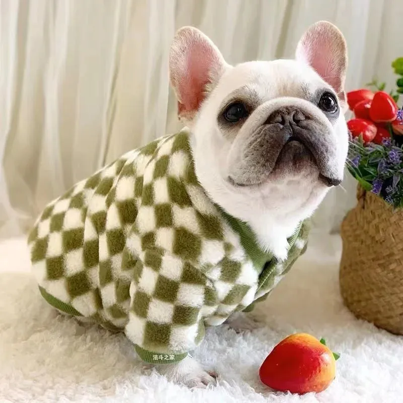 French Bulldog Winter Dog Clothes Coat Warm and Thickened Vest Jacket Fat Dog Costume Bulldog Pug Green Plaid Pet Dog Clothes