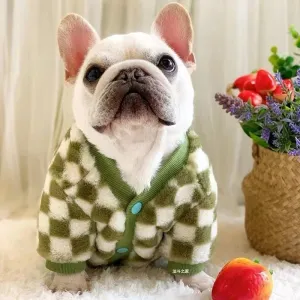 French Bulldog Winter Dog Clothes Coat Warm and Thickened Vest Jacket Fat Dog Costume Bulldog Pug Green Plaid Pet Dog Clothes